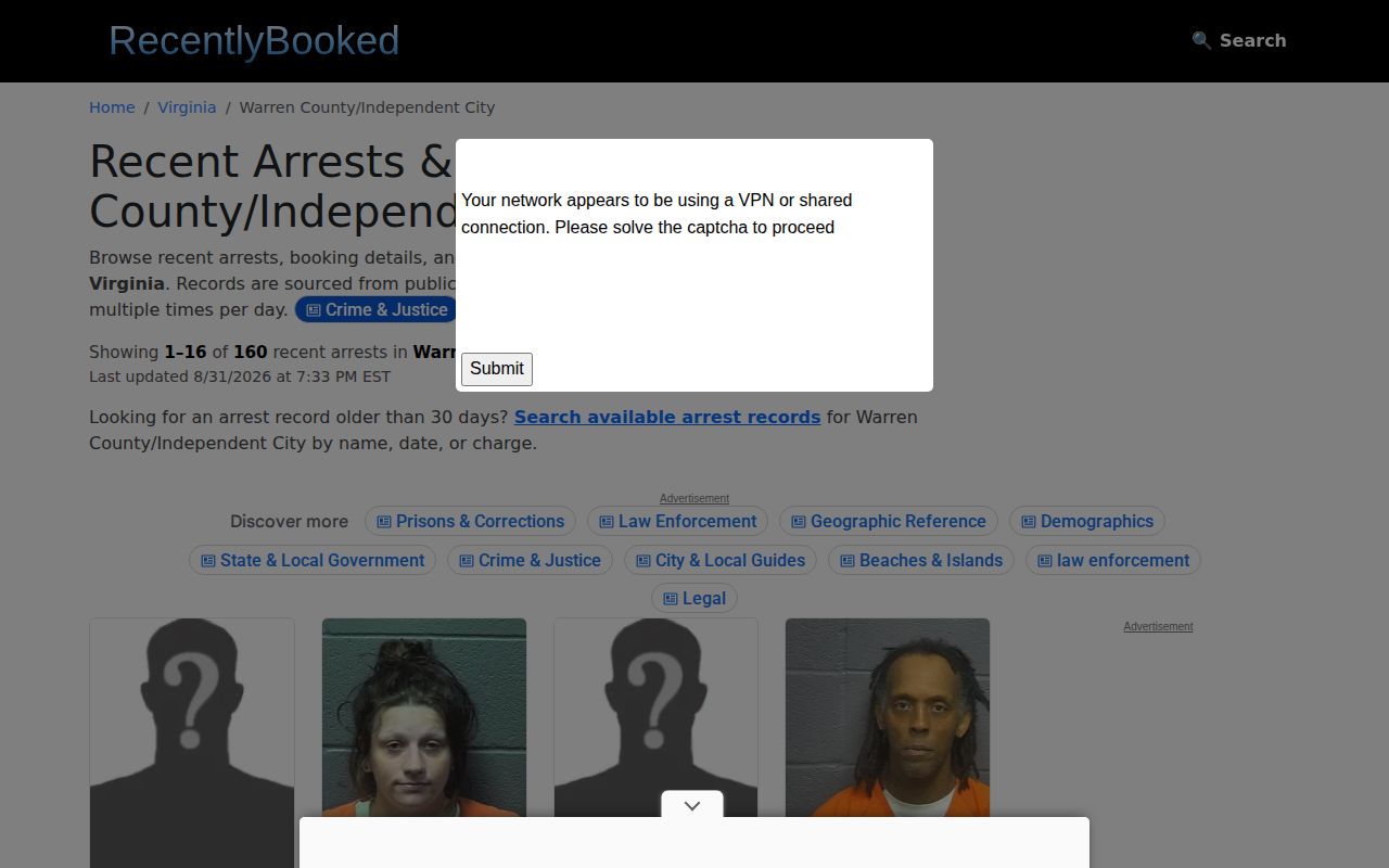 RecentlyBooked page labelled for Warren, Virginia