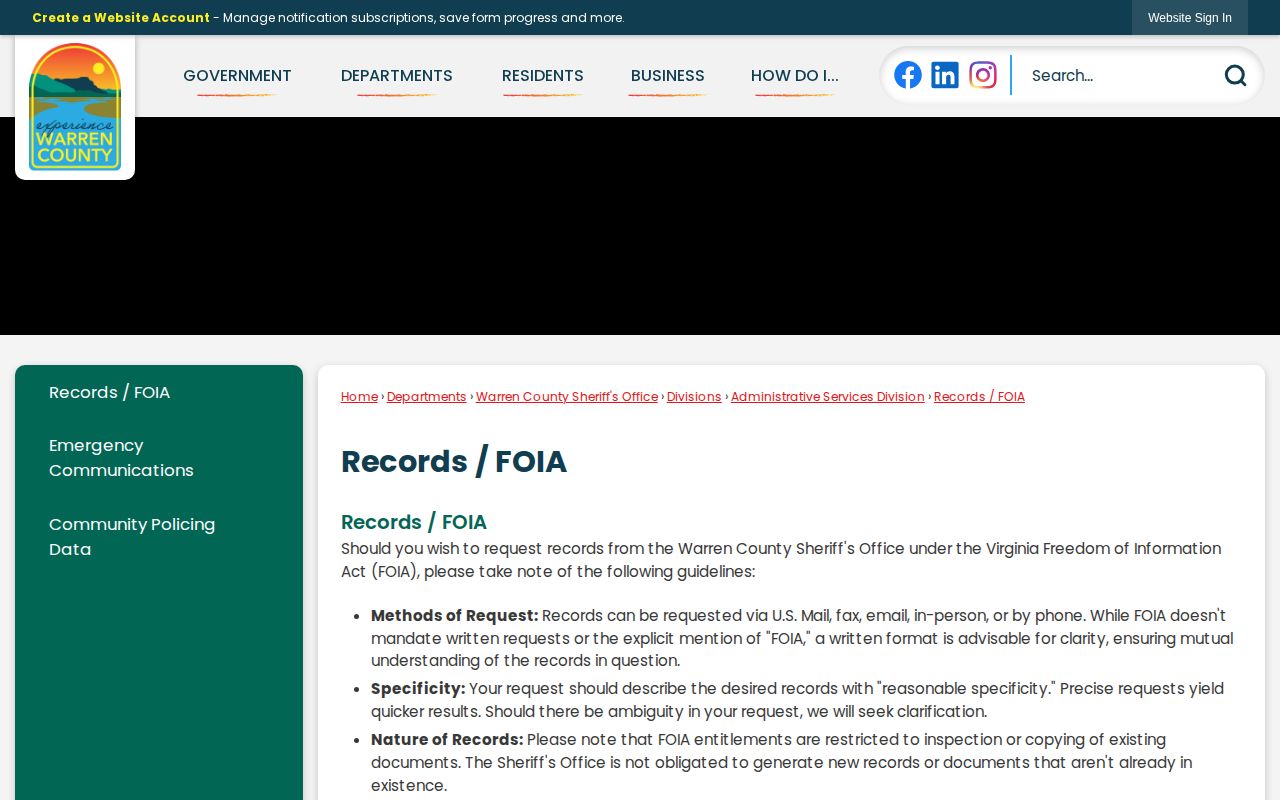 Warren County Sheriff's Office Records and FOIA page